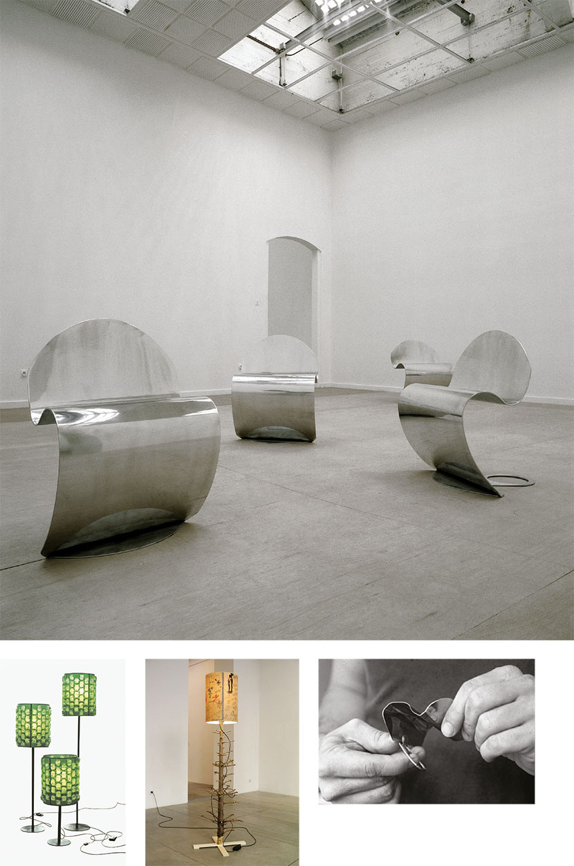 Franck Scurti, Chairs, 1994. Chairs, Dialogues, 1994, veduta della mostra, Provinciaal Museum, Hasselt, Belgio. Collection Musée les Abattoirs / FRAC Midi-Pyrénées, Tolosa; Franck Scurti, Chairs (model), 1994. Courtesy Collection Mara Scurti, Parigi; Franck Scurti, Lampe du 3 janvier au 18 avril, 2005. Collection Eric Decelle, Bruxelles; Franck Scurti, Kiwi lamp, 2006. collezione privata, Parigi