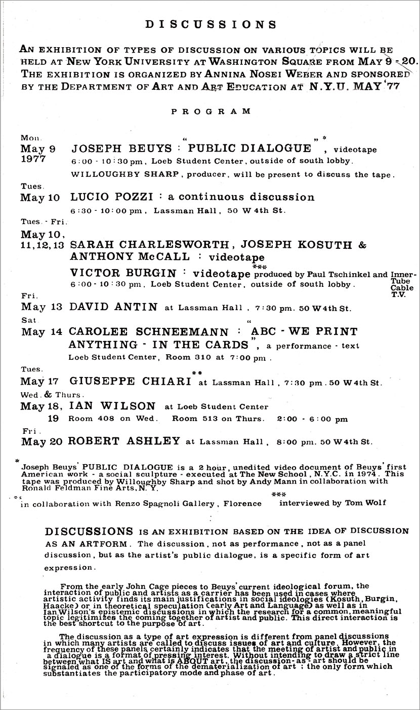 Discussions, volantino per il programma della mostra, 9-20 maggio 1977, New York University, New York  